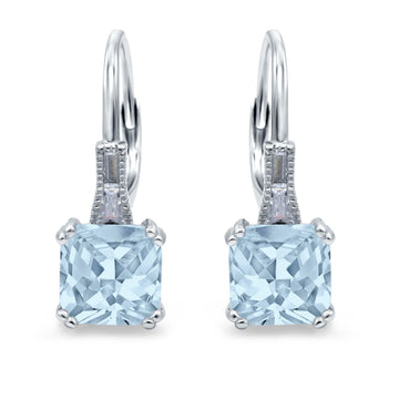Cushion Cut Dangling Leverback Wedding Earrings Simulated Aquamarine CZ 925 Sterling Silver (15mm)